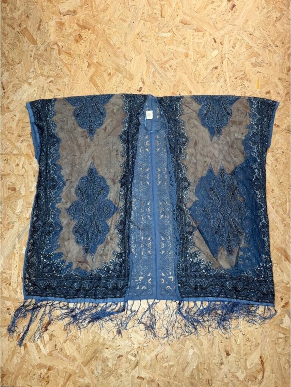 Pretty Persuasion Kimono Cardigan Womens One Size Blue Sheer Lace Fringe Shawl